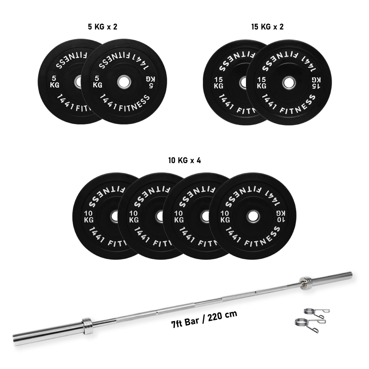 1441 Fitness 7 Ft Olympic Bar with Rubber Bumper Plates - 100 KG Set