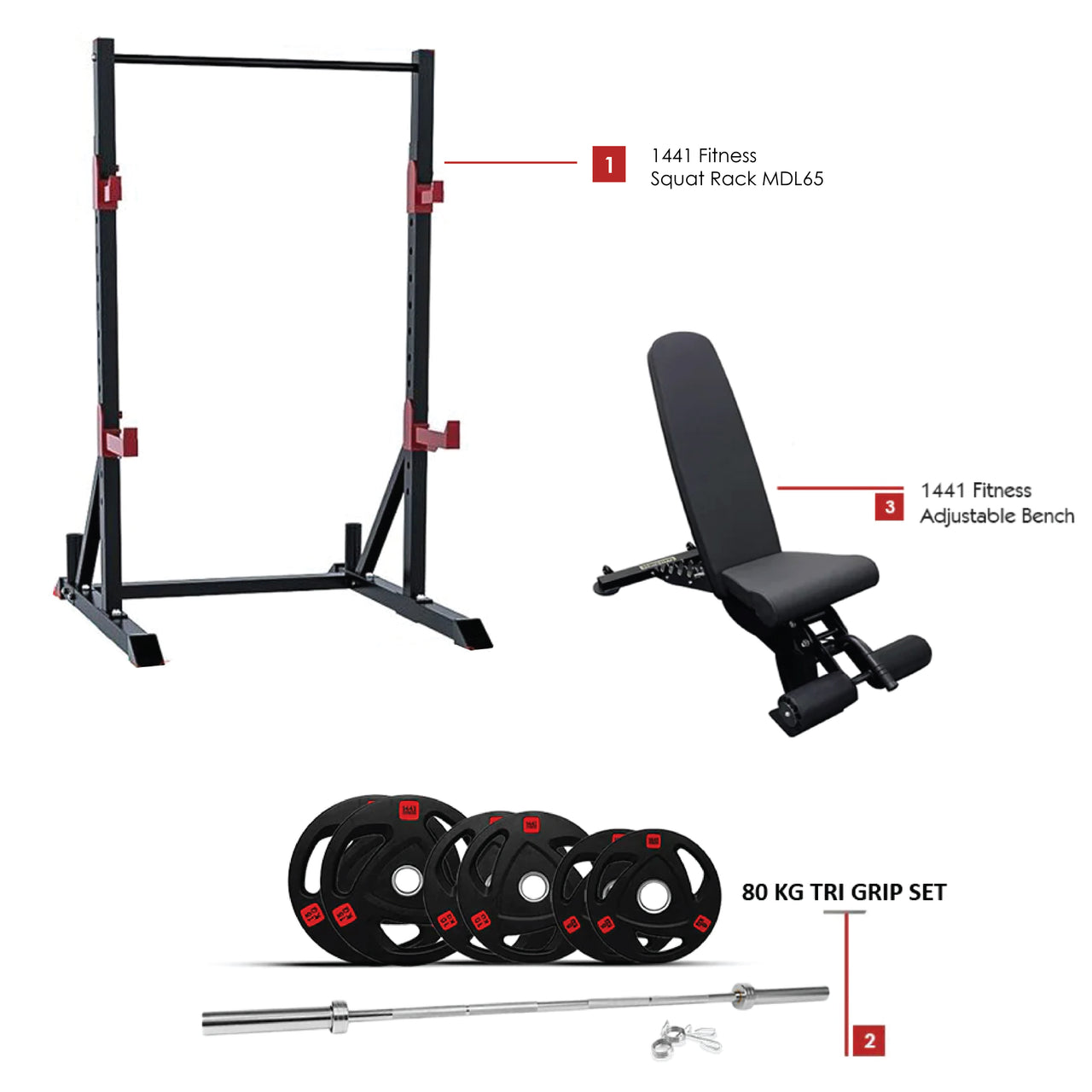 Combo Deal - 1441 Fitness Squat Rack MDL65 +7 ft Barbell with 80 Kg tri Grip Plate Set + Adjustable Bench A8007