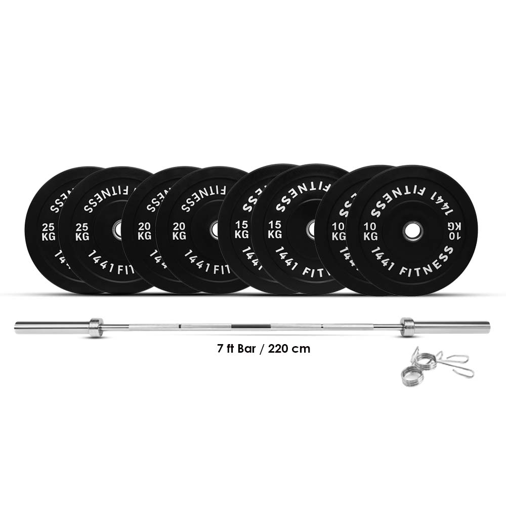 1441 Fitness 7 Ft Olympic Bar with Rubber Bumper Plates - 160 KG Set