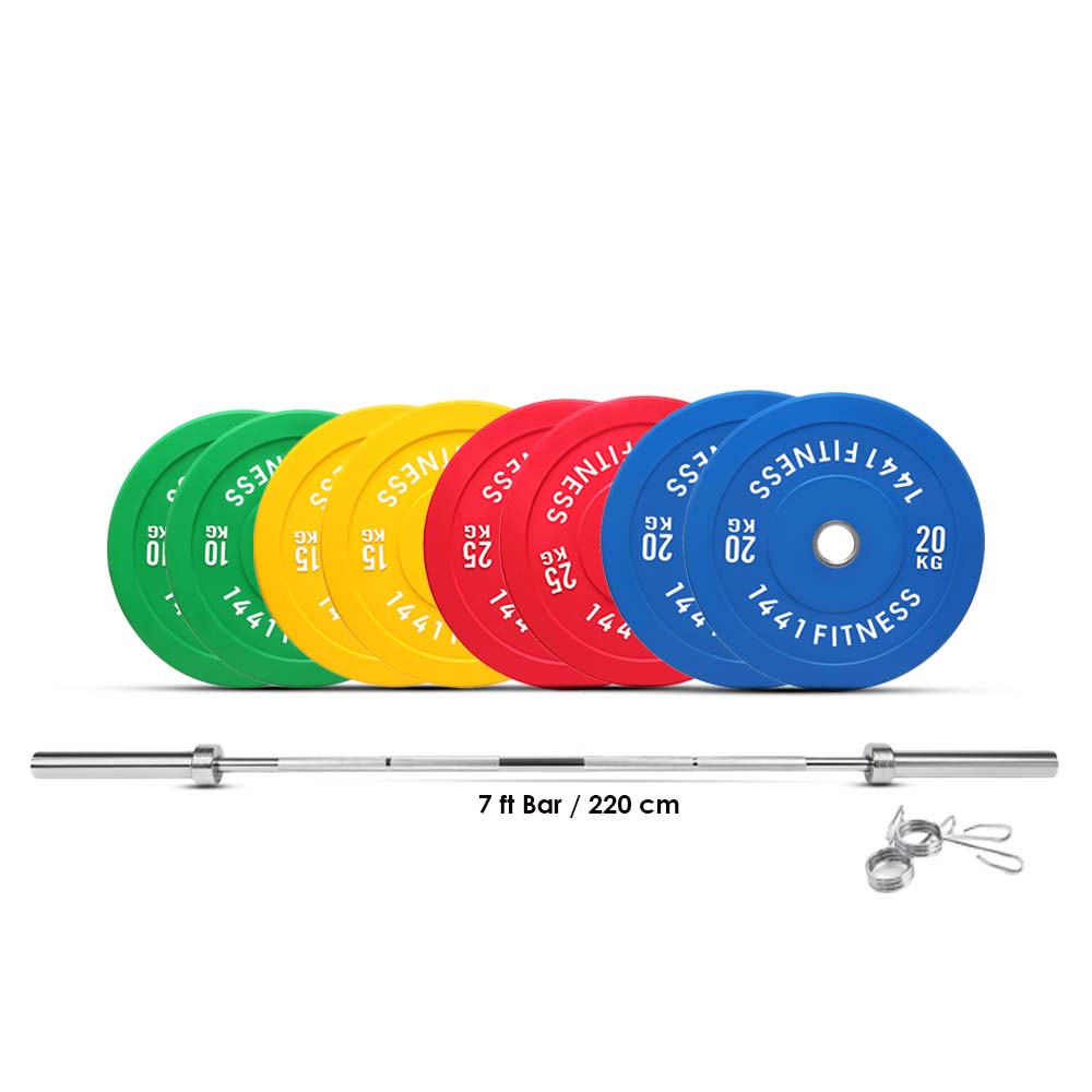 7 Ft Olympic Barbell and Color Bumper Plate Set - 160 KG | 1441 Fitness