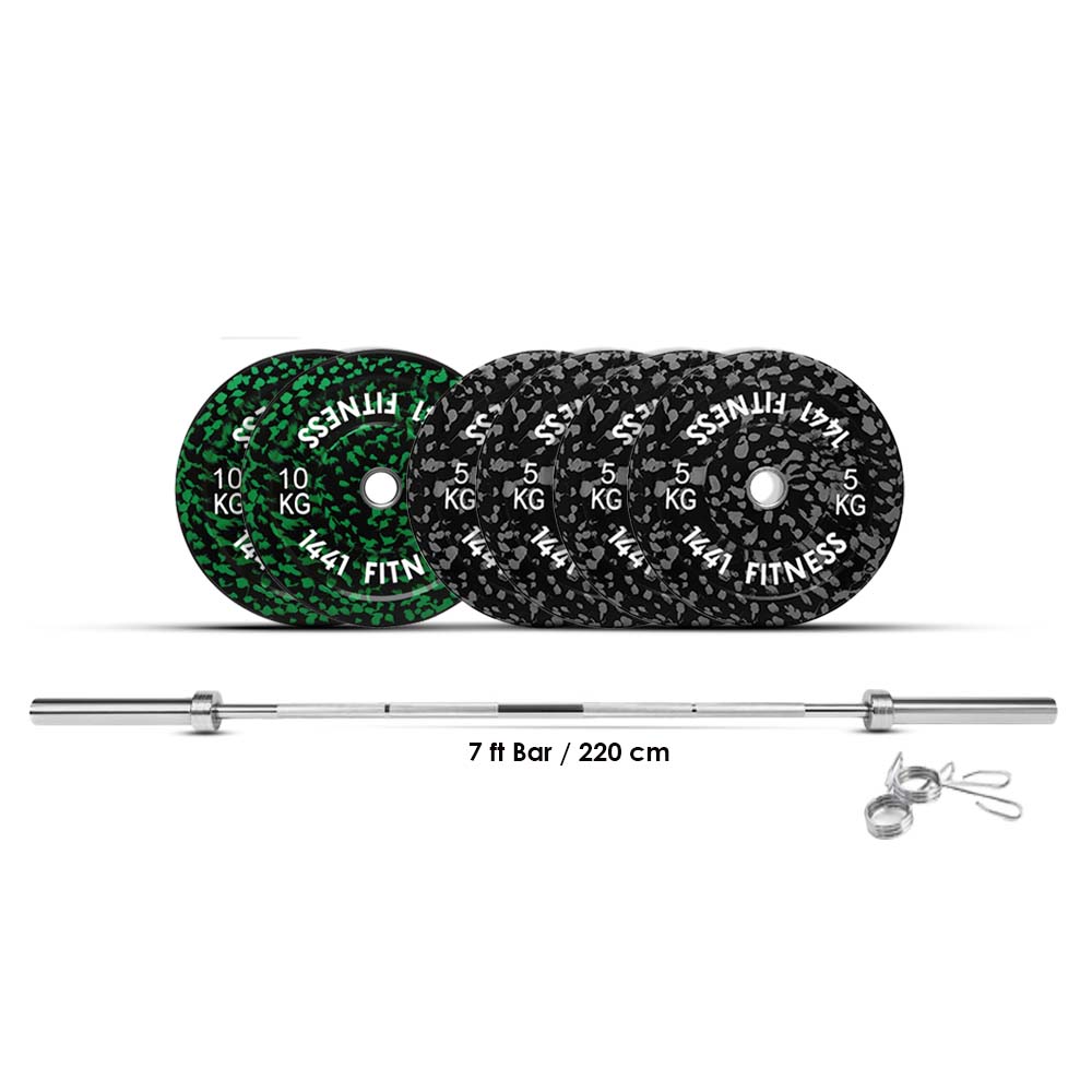 7 Ft Olympic Bar with Camouflage Bumper Plates Set - 60 KG Set | 1441 Fitness