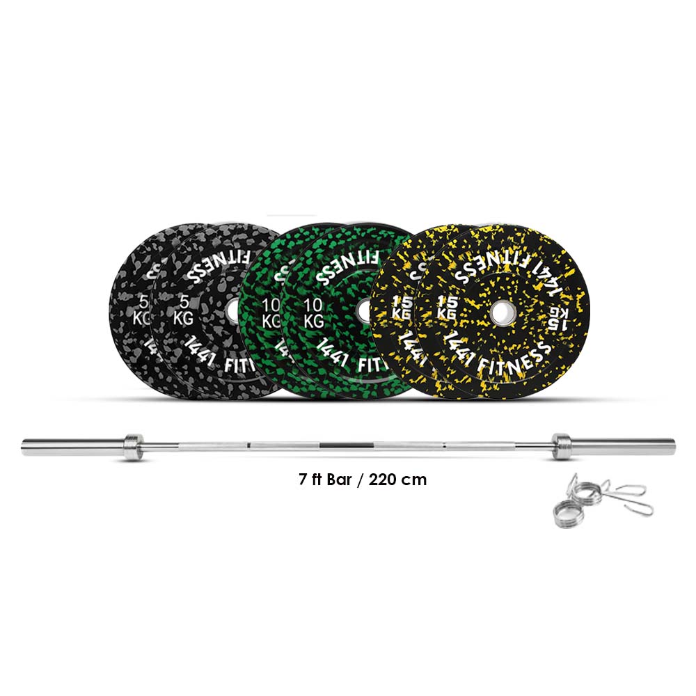 7 Ft Olympic Bar with Camouflage Bumper Plates Set - 80 KG Set | 1441 Fitness