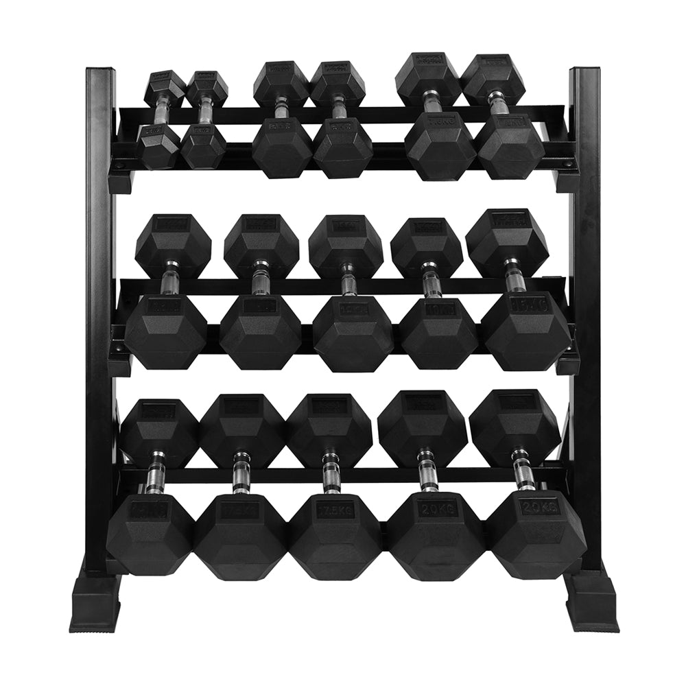 1441 Fitness Hex Dumbbell Set 2.5 to 20 KG (8 Pairs) with 3 Tier Dumbbell Rack – Strength Training Equipment