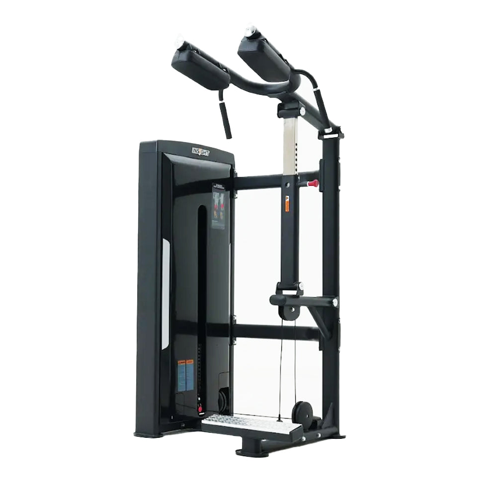A black and gray Insight Fitness Standing Calf Raise - SA019 Standing Calf Raise machine with adjustable height and multi-position hand grips.