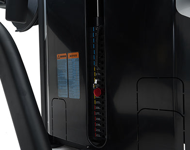 Close-up of a Insight Fitness Leg Curl - SA013 with control panel and warning label on a white background