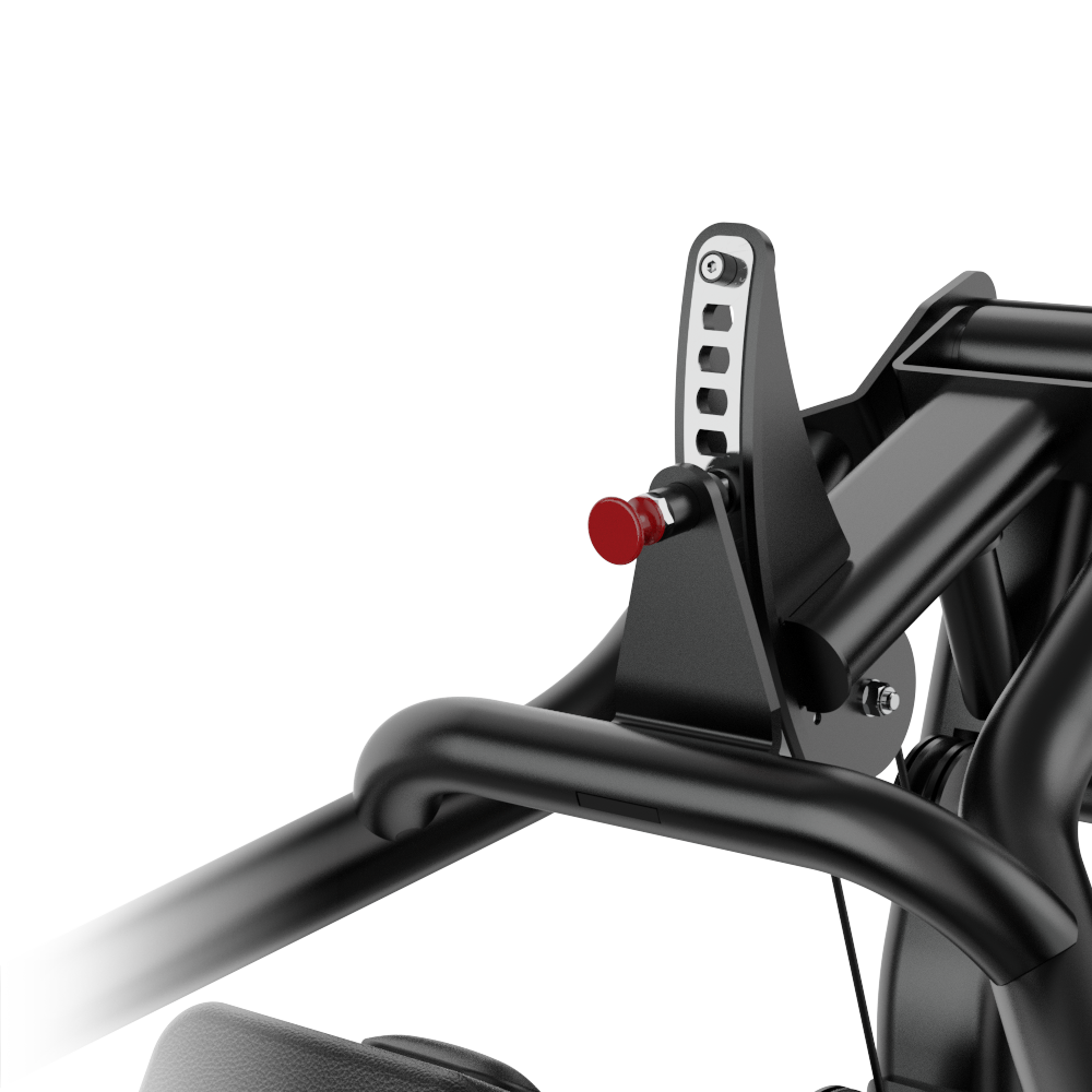 Close-up of a Insight Fitness Multi Chest Press - SA043 with a black metal bracket and red button on a white background