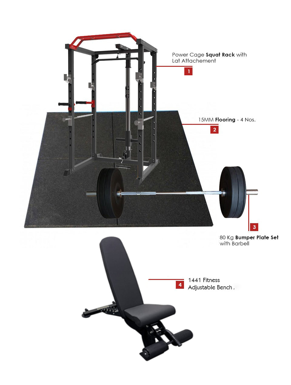 Combo Offer | Power Cage Squat Rack J008 +80 KG Apus Bumper Plate Set + Adjustable Bench A8007 + 4 X 15 mm Flooring