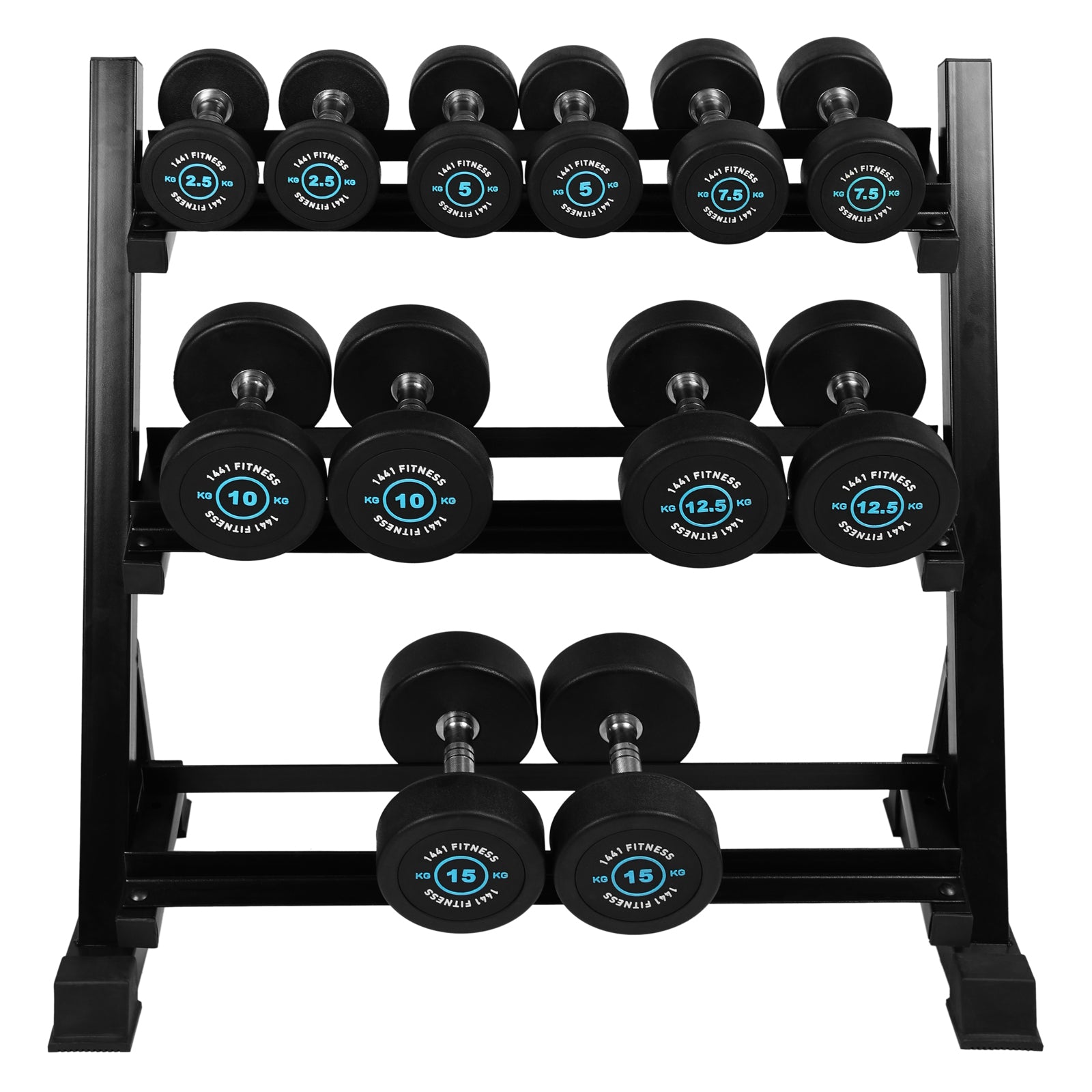 1441 Fitness Premium Round Dumbbell Set 2.5 Kg to 15 Kg (6 Pairs) Blue with 3 Tier Rack
