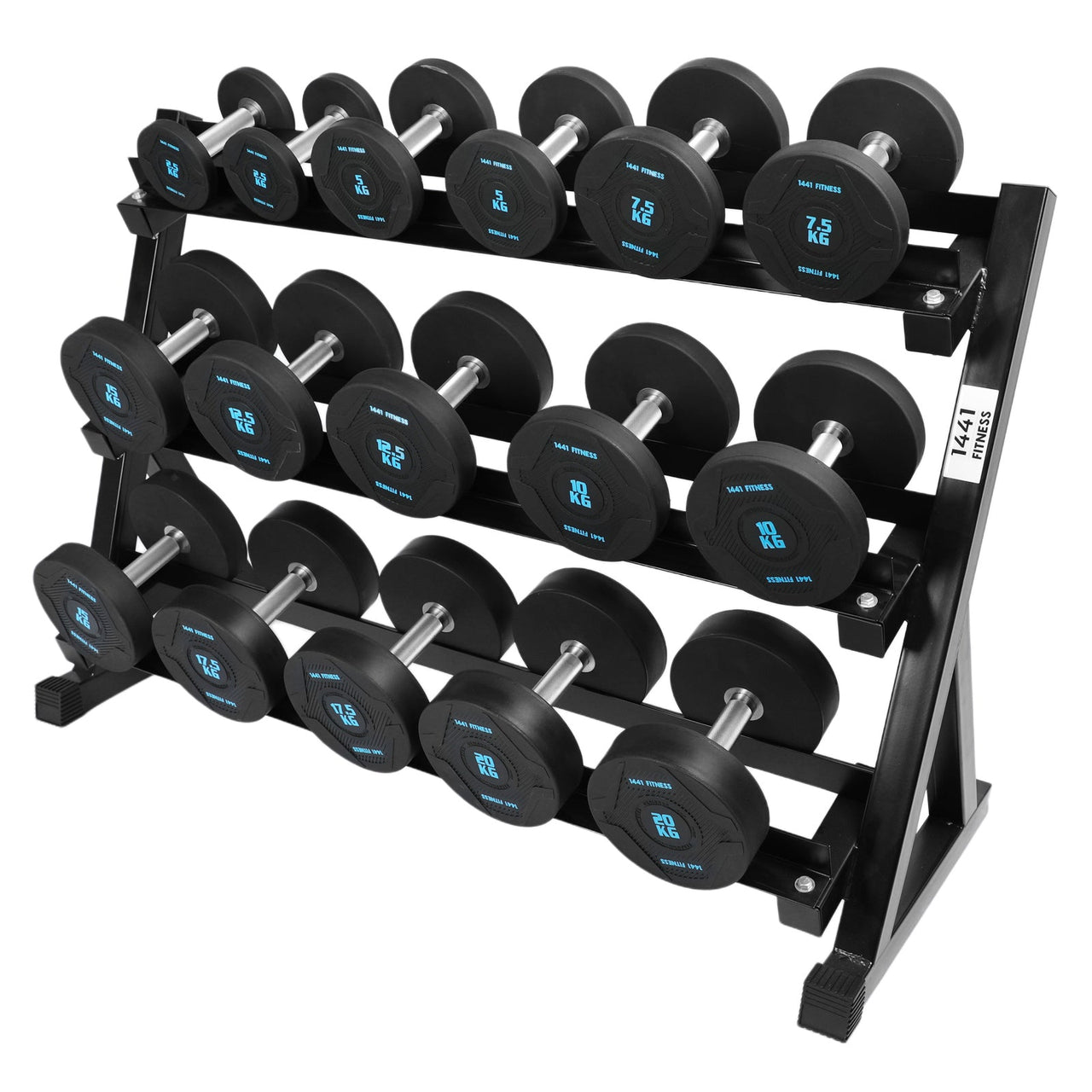 1441 Fitness PU Rubber Round Dumbbell Combo Set 2.5 Kg - 20 Kg (8 Pairs) with 3 Tier Rack 