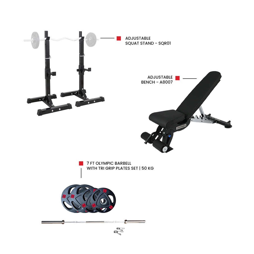 Adjustable Squat Stand - SQR01 Adjustable bench A8007 for home gym workout 7 Ft Olympic Barbell with Tri Grip Plates Set | 50 kg