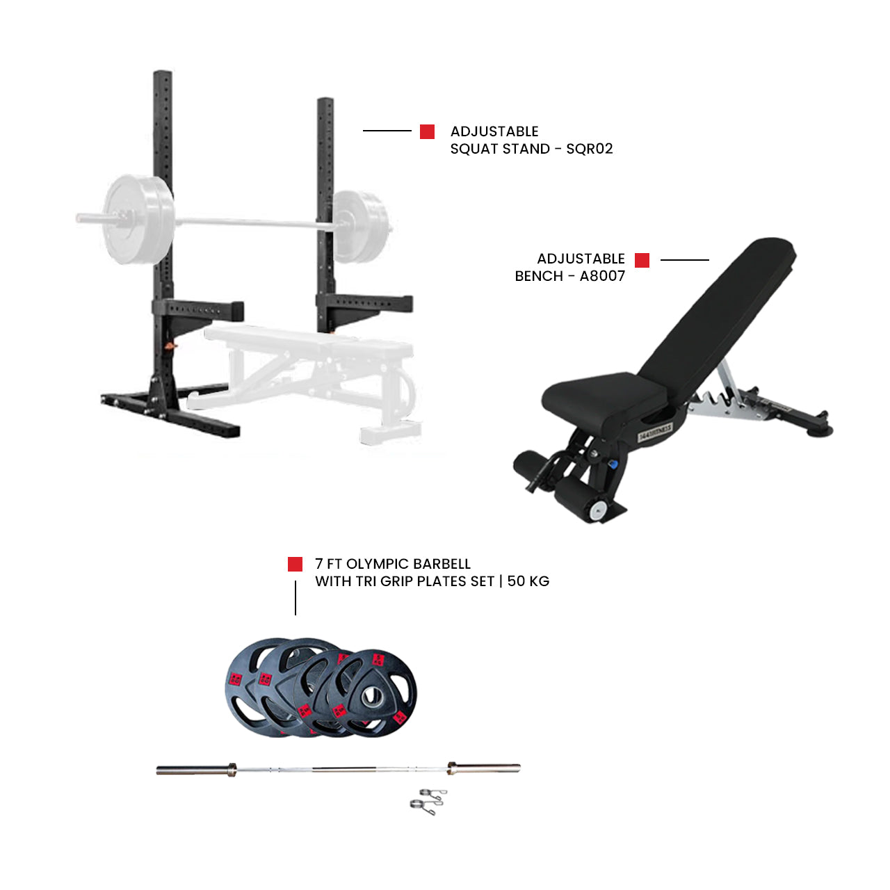 Adjustable bench A8007 for home gym workout 7 Ft Olympic Barbell with Tri Grip Plates Set | 50 kg  Adjustable Squat Stand - SQR02