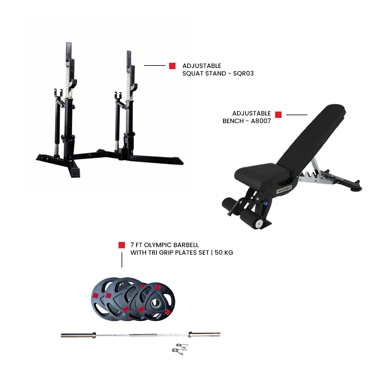 Adjustable bench A8007 for home gym workout 7 Ft Olympic Barbell with Tri Grip Plates Set | 50 kg  Adjustable Squat Stand - SQR03