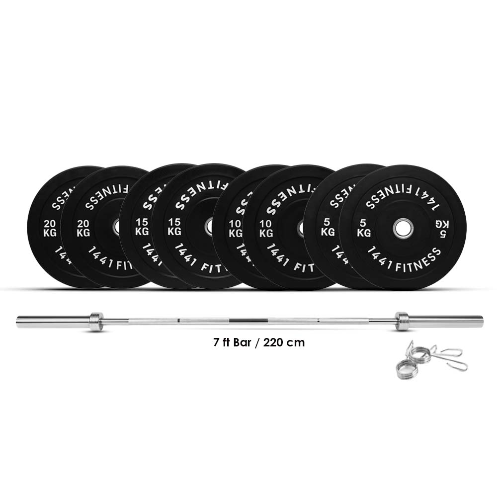 1441 Fitness 7 Ft Olympic Bar with Rubber Bumper Plates - 120 KG Set