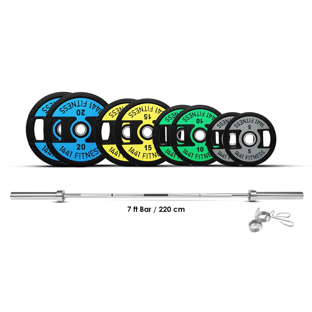 1441 Fitness 7 Ft Olympic Barbell with Dual Grip Olympic Plates Set | 120 kg