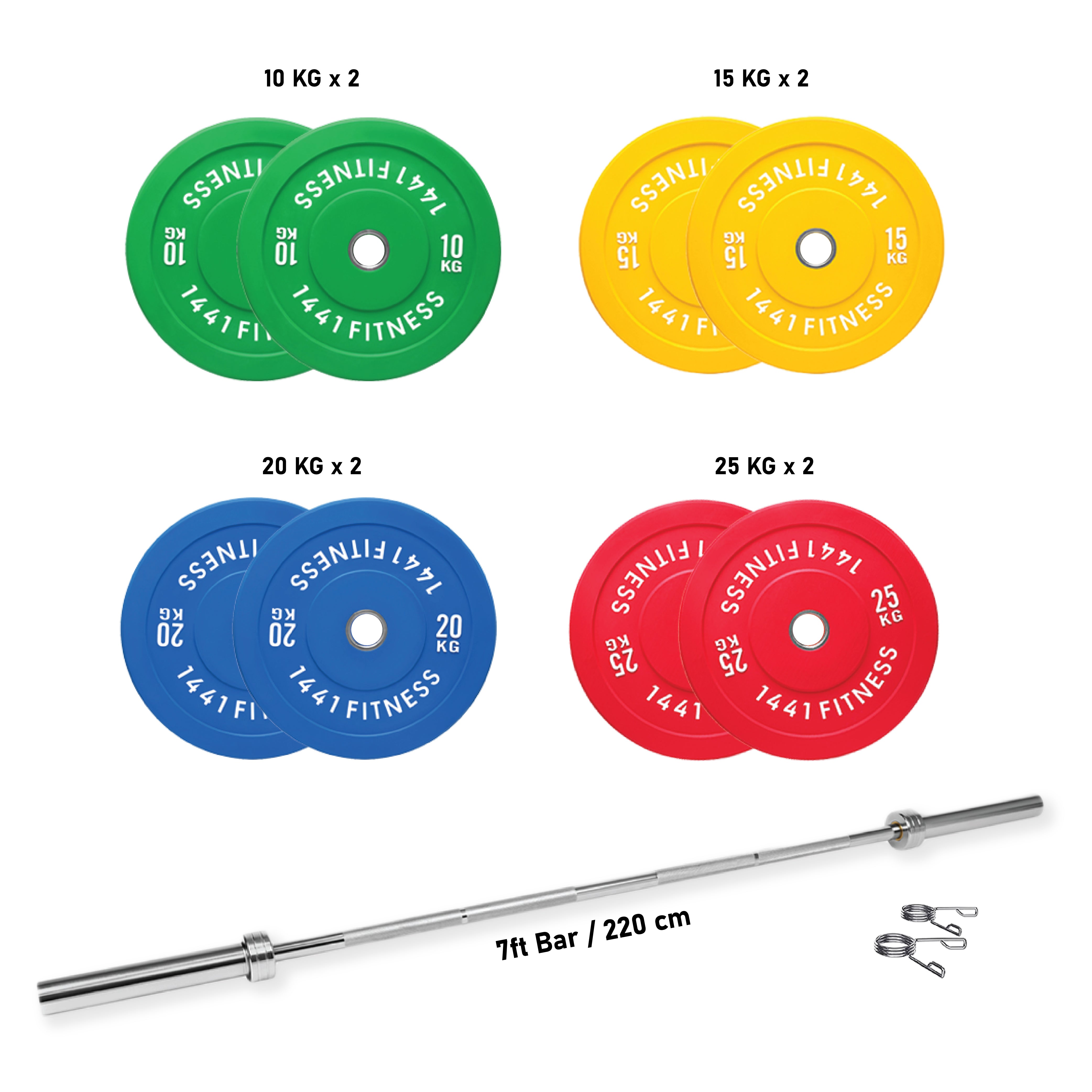 7 Ft Olympic Barbell and Color Bumper Plate Set - 160 KG | 1441 Fitness