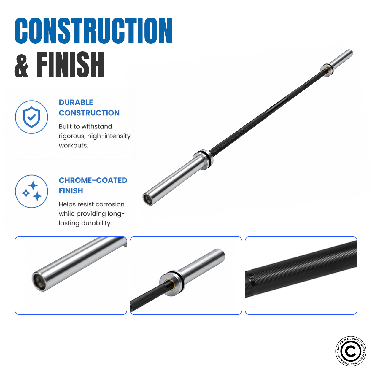 1441 Fitness 7 Ft Power Lifting Barbell Bar - Black/Chrome