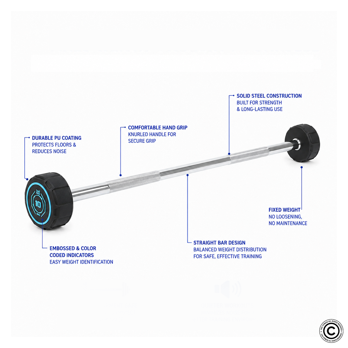 Fixed Weight Straight PU Barbell - 10 kg to 50 kg