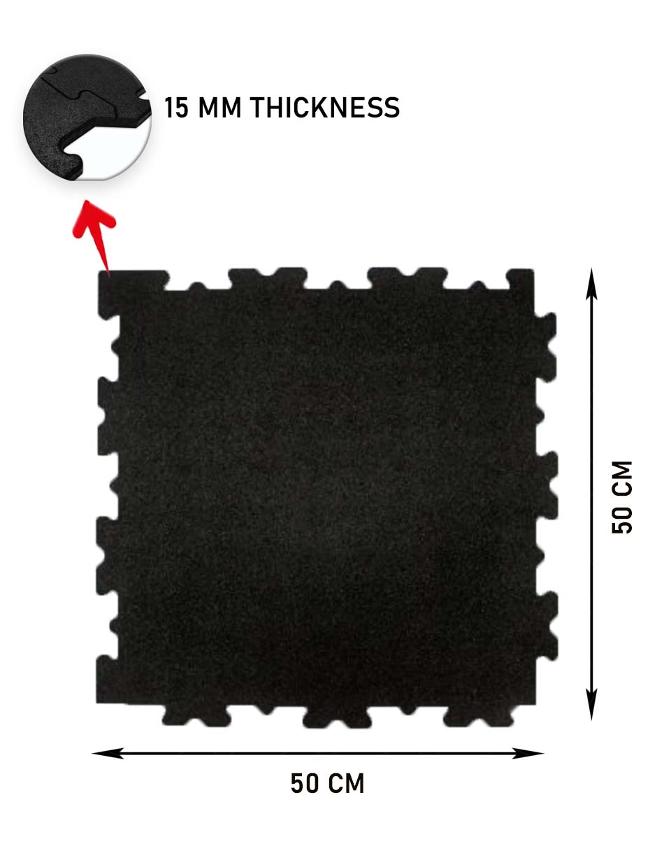 1441 Fitness Black Interlock Gym Flooring 50 cm x 50 cm - 15 mm Thickness