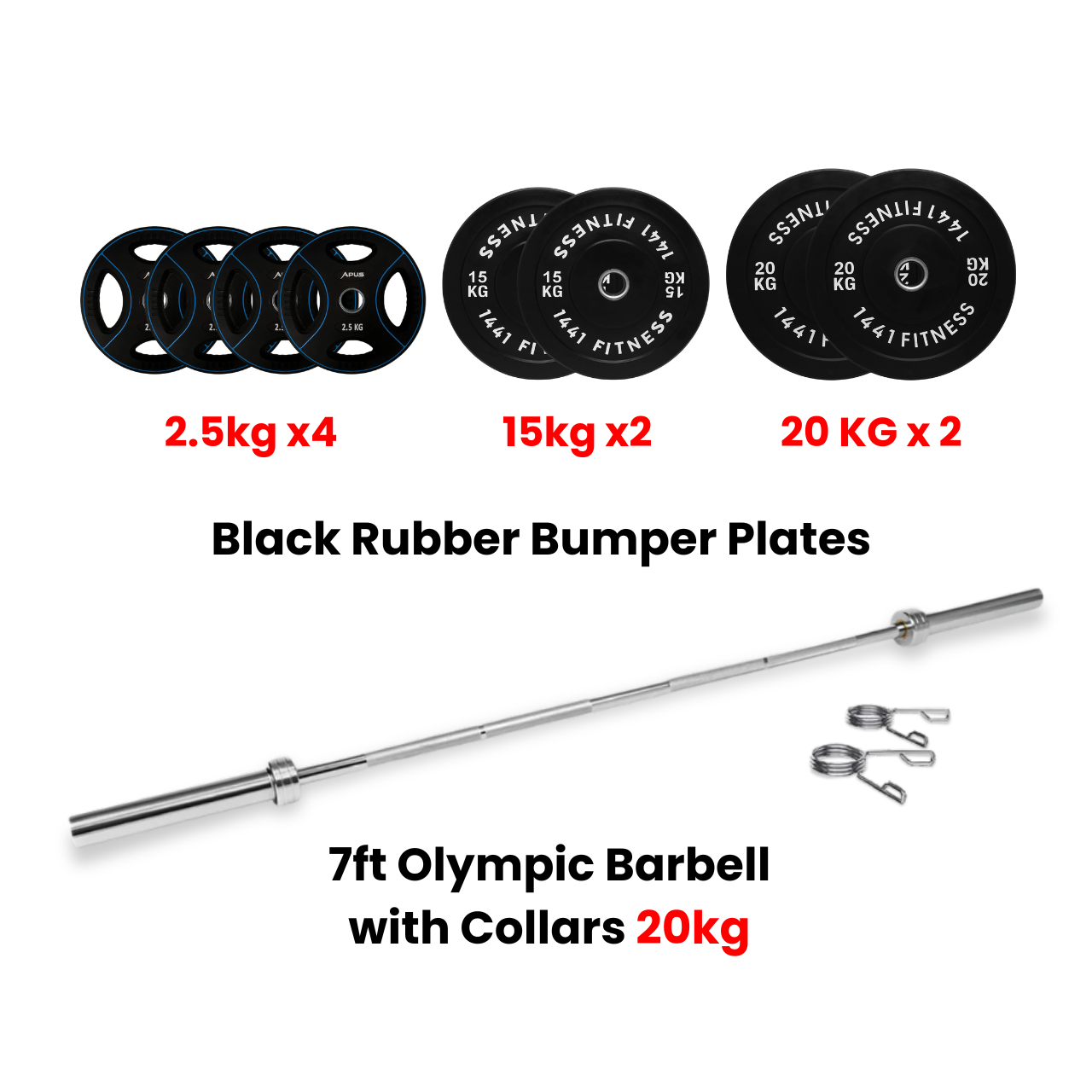 Black Bumper Plates with 7 Ft Olympic Bar - 100 Kg Set - Bundle Offer