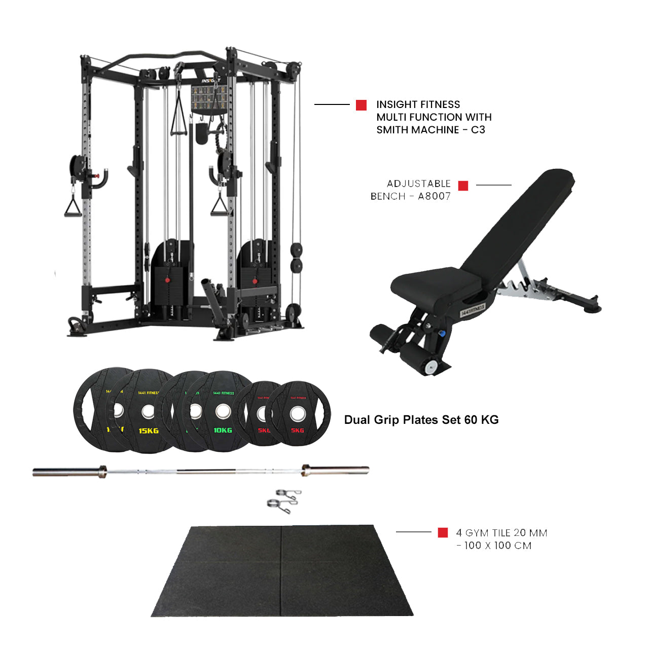 Insight Fitness Multi Function  Machine C3 with Flooring and 80 kg Dual Grip Pates with A8007 Bench (Bundle)