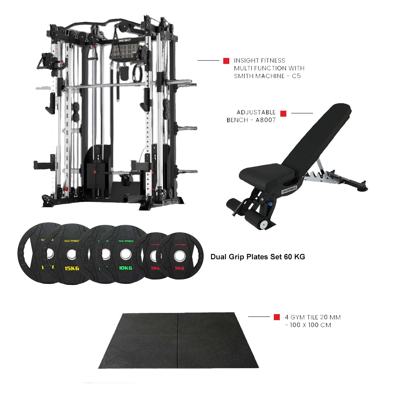 Insight Fitness Multi Function with Smith Machine C5 with Rubber Flooring and Dual Grip Plates with A8007 Bench (Bundle)