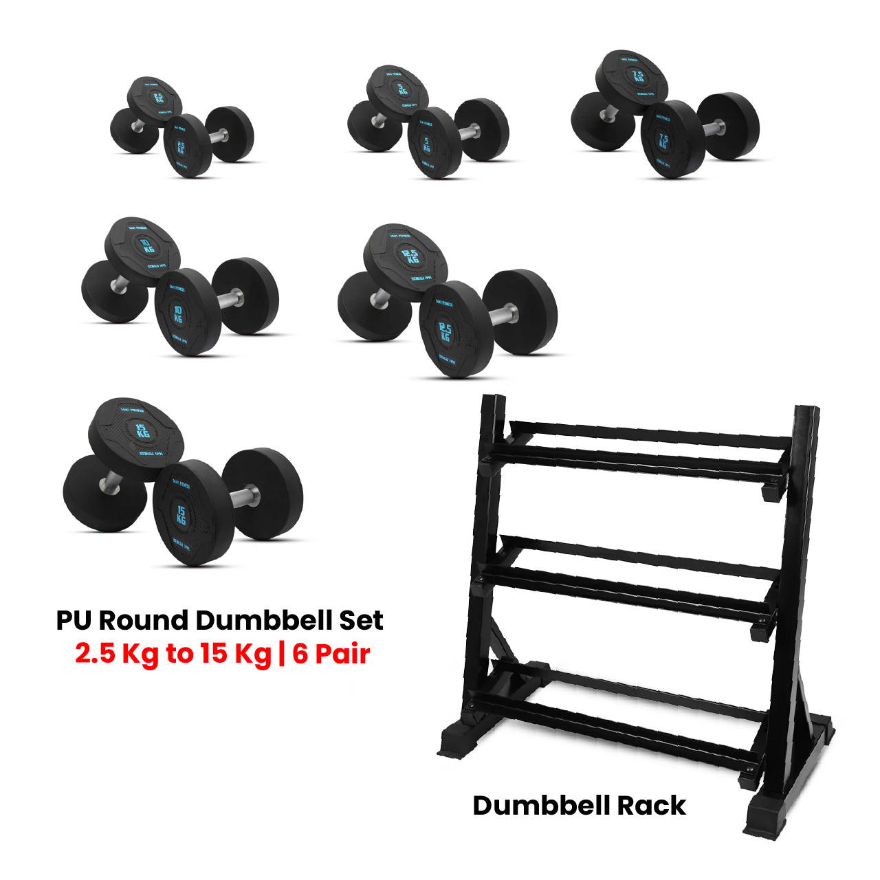 PU Round Dumbbell Set 2.5 KG to 15 KG with 3 Tier Rack - Bundle Offer
