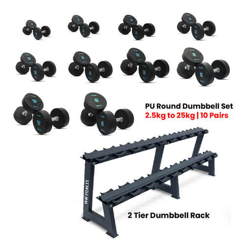 PU Round Dumbbell Set 2.5 Kg to 25 Kg with 2 Tier Rack - Bundle Offer