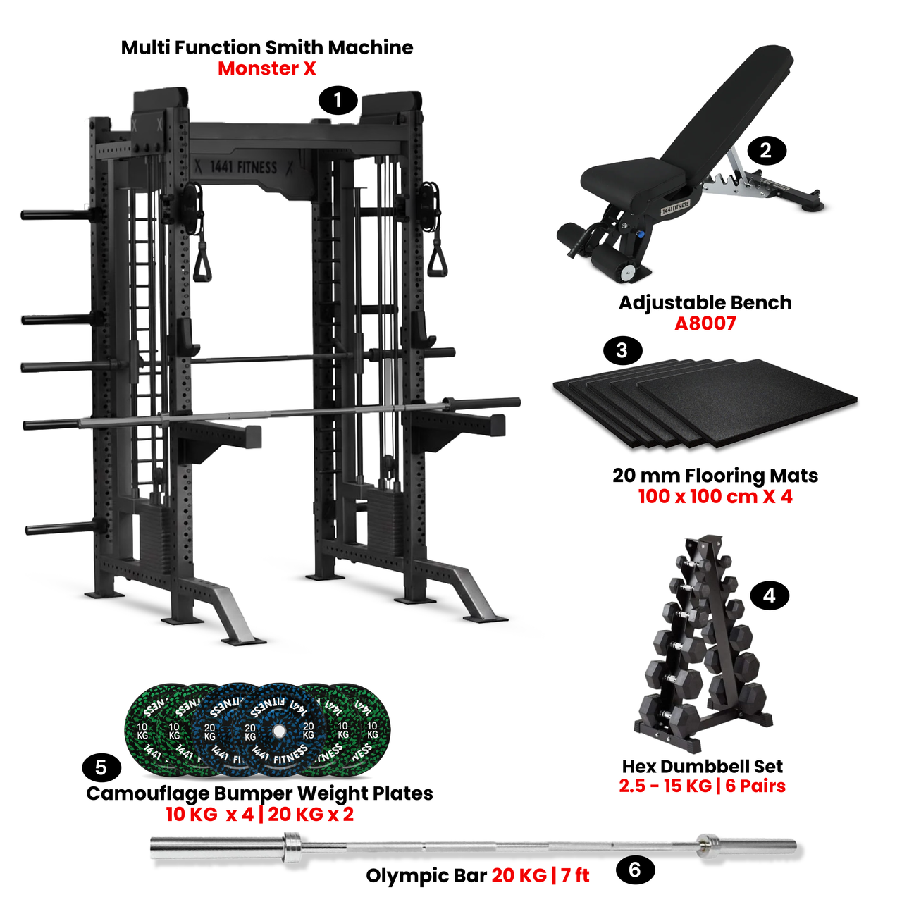 Monster X Smith Machine with 100 Kg Camouflage Bumper Set, Hex Dumbbells & Bench