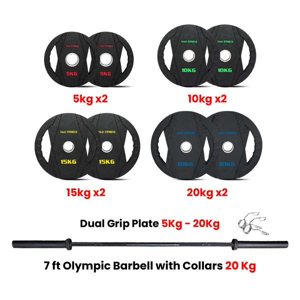Dual Grip Plates with 7 Ft Olympic Bar - 120 Kg Set - Bundle Offer