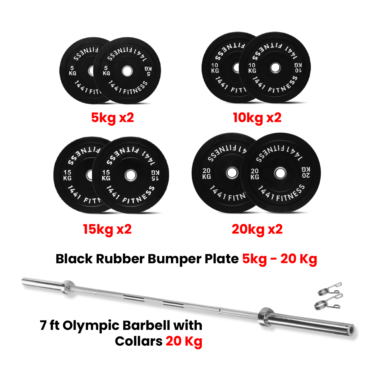 Black Bumper Plates with 7 Ft Olympic Bar - 120 Kg Set