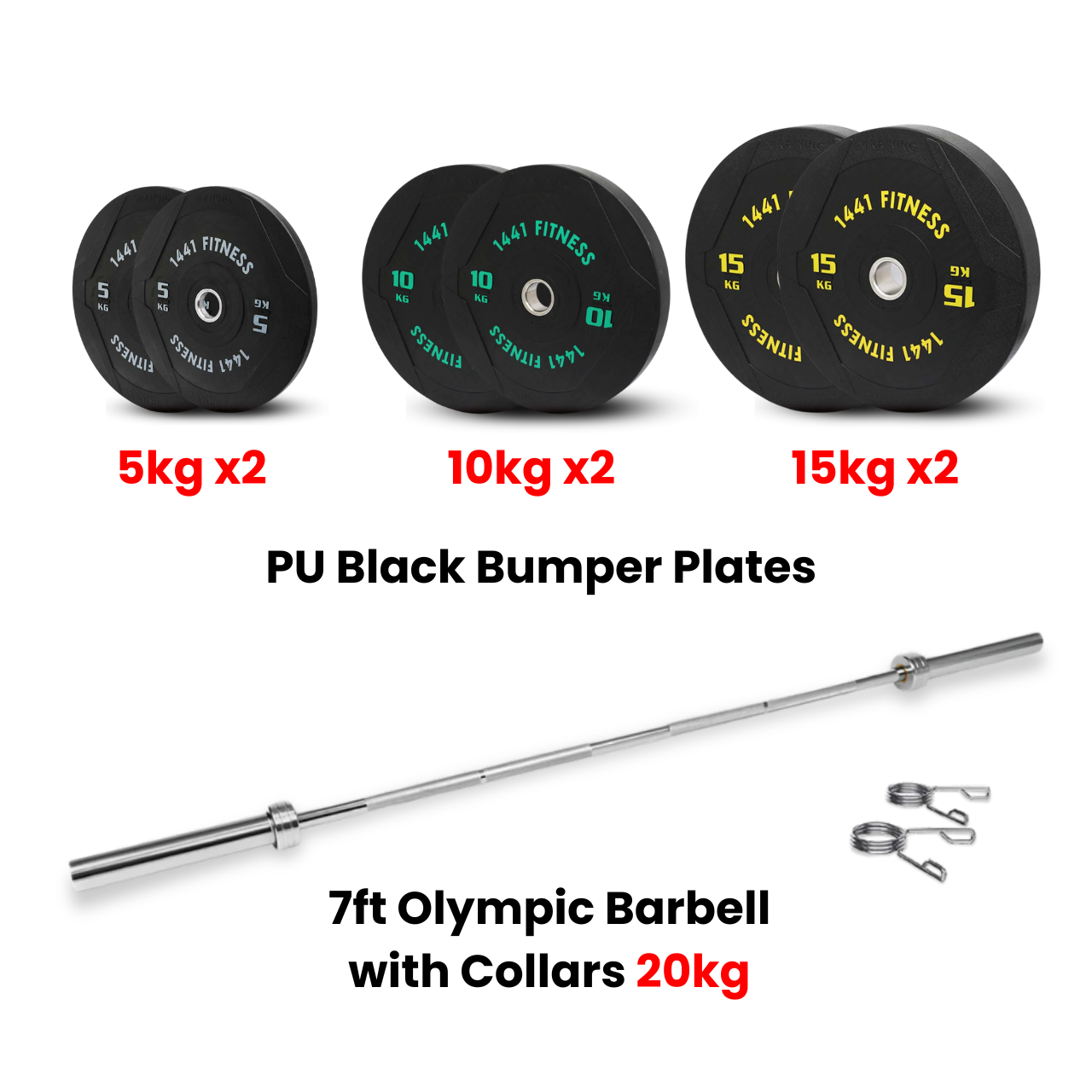 PU Black Bumper Plates with 7 Ft Bar - 80 Kg Set