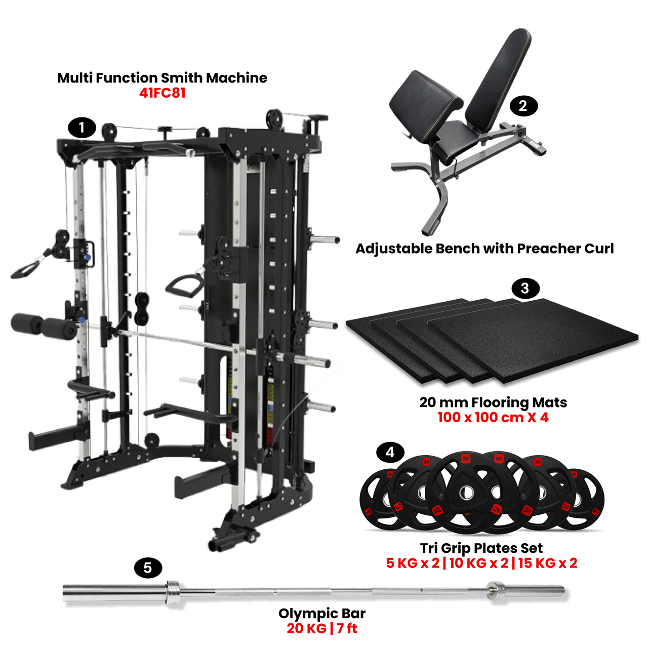 Multi Function Smith Machine 41FC81 with 80 Kg Tri-Grip Plate Set & Preacher Bench