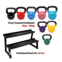 Thumbnail for Vinyl Coated Kettlebell 6 Kg to 20 Kg Set with 2 Tier Rack - Bundle Offer
