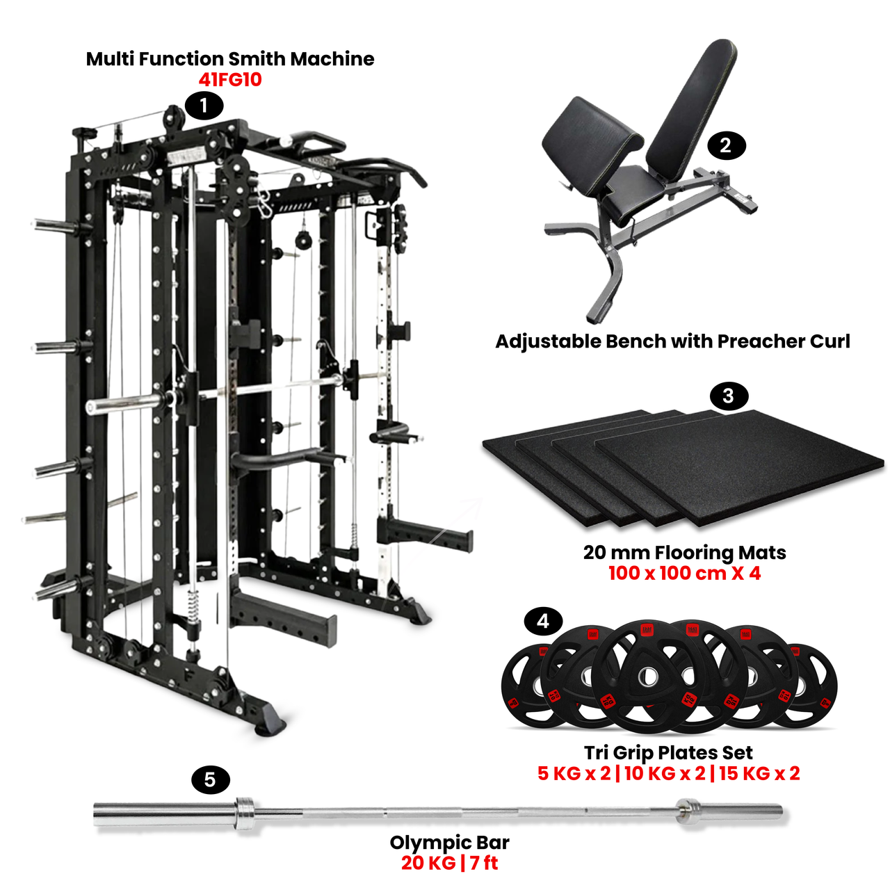 Multi Function Smith Machine 41FG10 with 80 Kg Tri-Grip Plate Set & Preacher Bench