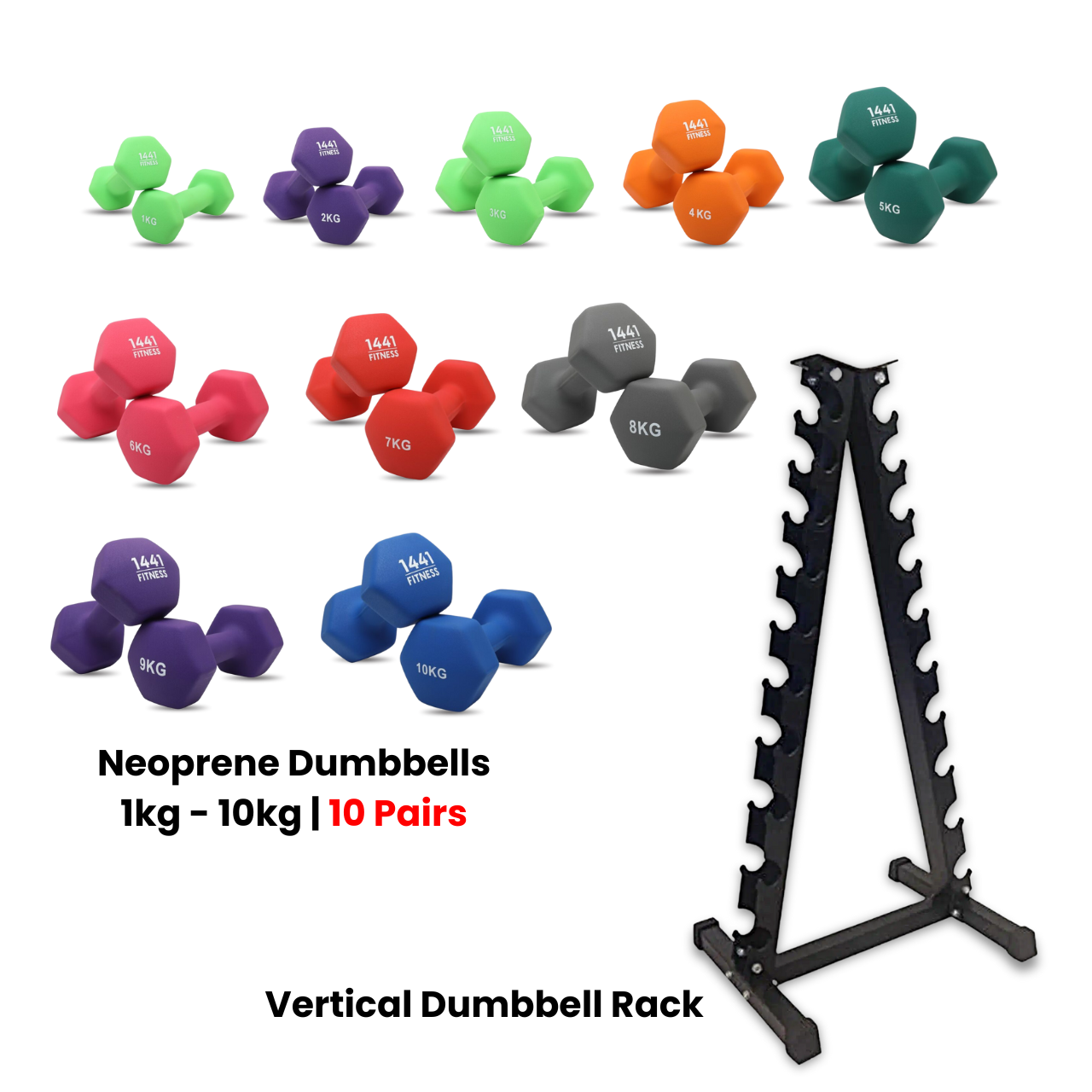 Neoprene Dumbbells with Rack - 1 Kg to 10 Kg (Bundle)