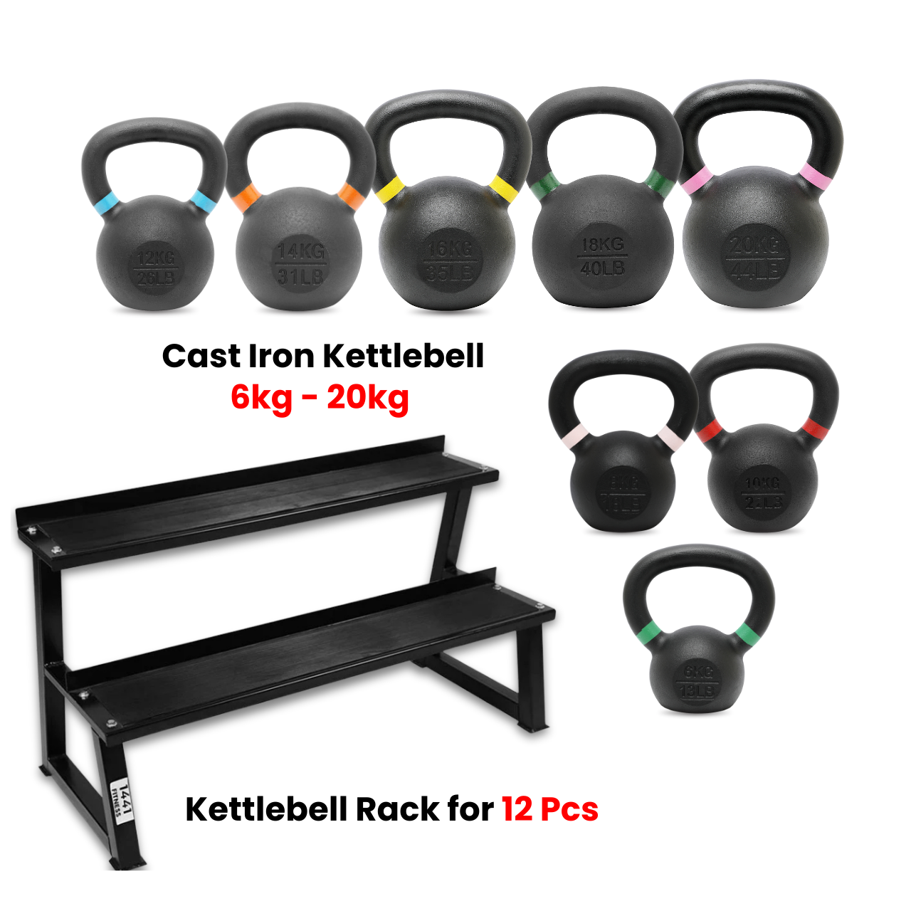 Powder Coated Kettlebell 6 Kg to 20 Kg with 2 Tier Rack
