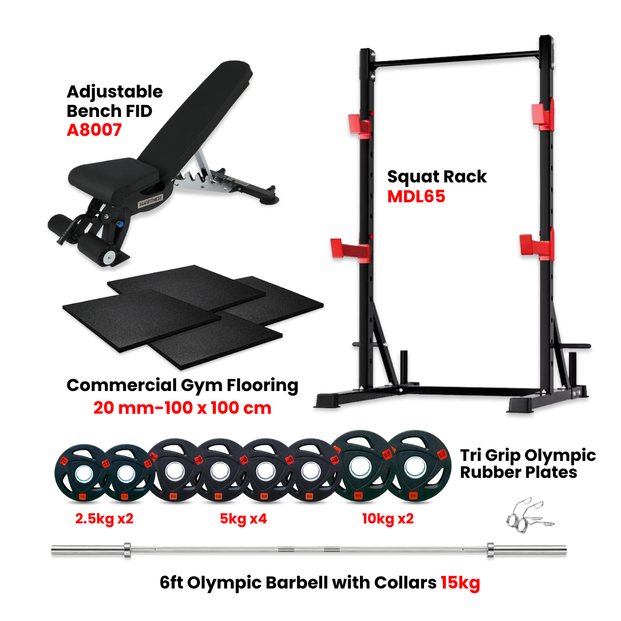 Squat Rack and Flooring with 60 Kg Plate set & Adjustable Bench