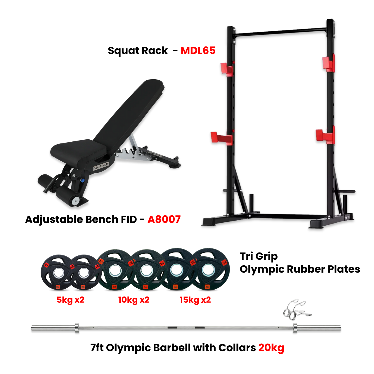 Combo Deal - 1441 Fitness Squat Rack MDL65 +7 ft Barbell with 80 Kg tri Grip Plate Set + Adjustable Bench A8007 