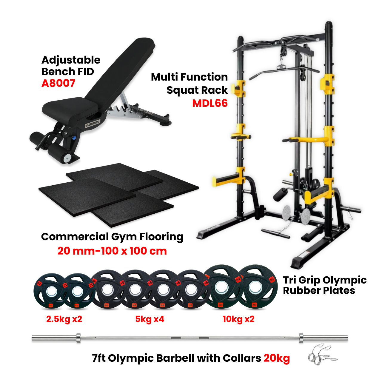 Squat Rack MDL66 with Rubber Flooring + 65 Kg Tri Grip Plates with Adjustable Bench A8007