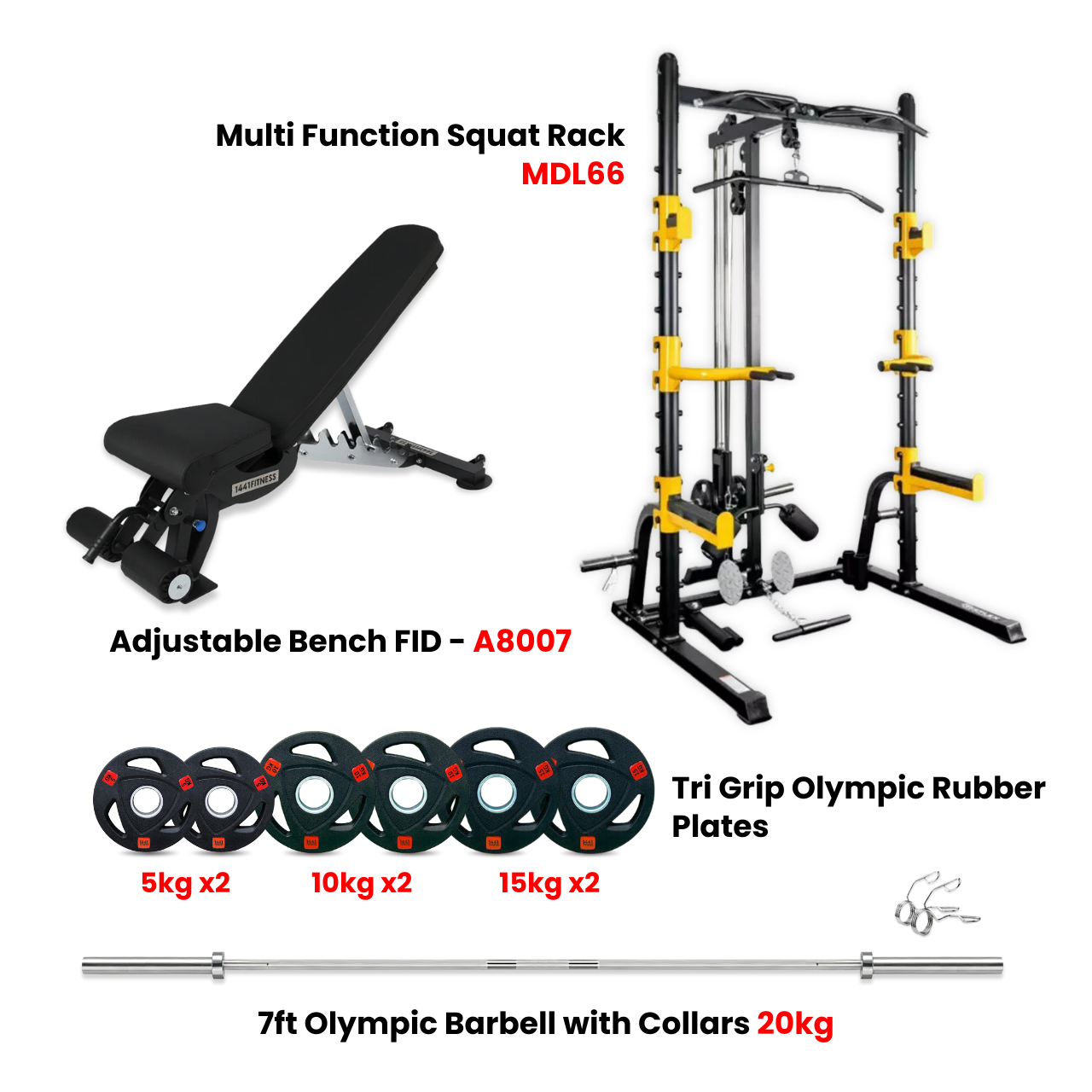 Combo Offer Squat Rack MDL66 + 7 ft Bar and 80 Kg Tri Grip Set with Adjustable Bench A8007 