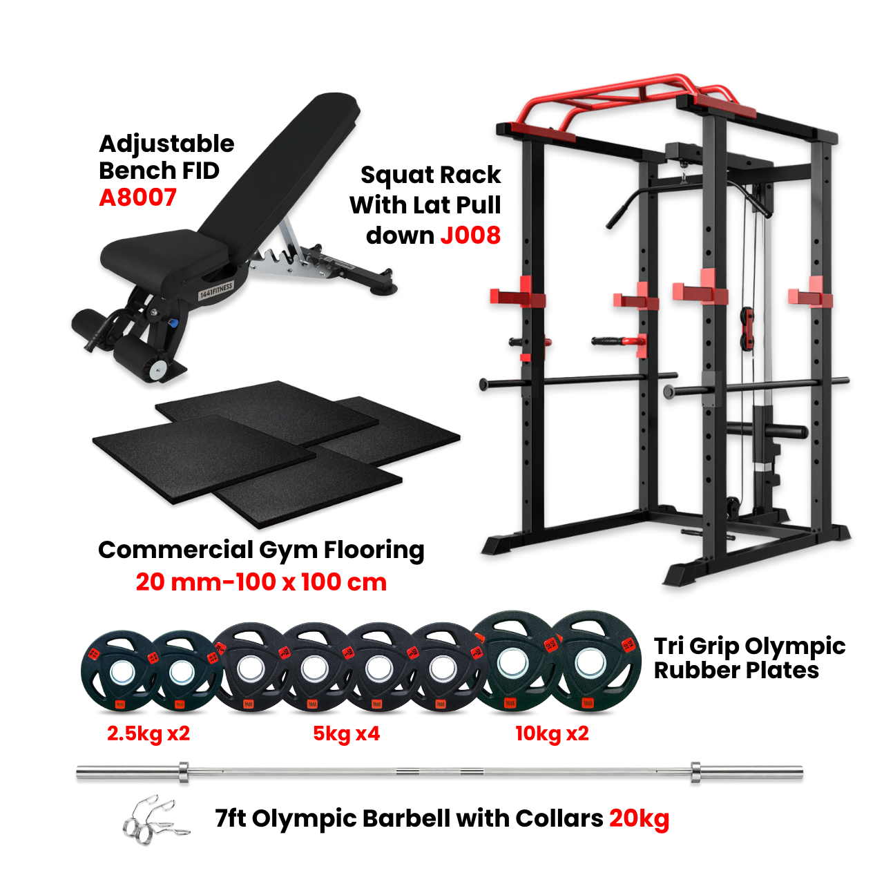 Multi Function Squat Rack with 65 Kg Plate set, Adjustable Bench & Gym Flooring