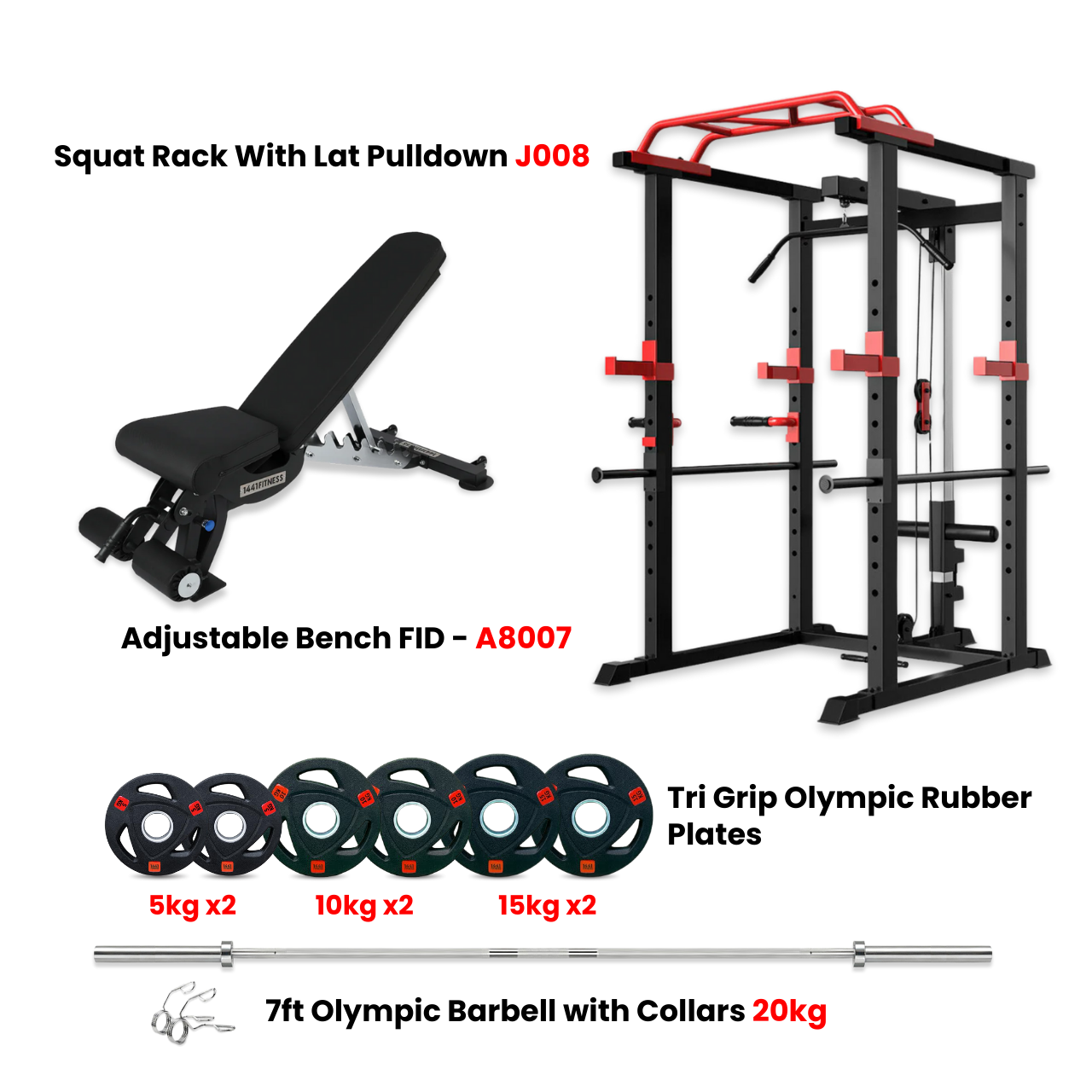Combo Offer | Power Cage Squat Rack J008 + 7 Ft Bat Tri Grip Plate 80 KG Set + Adjustable Bench A8007 
