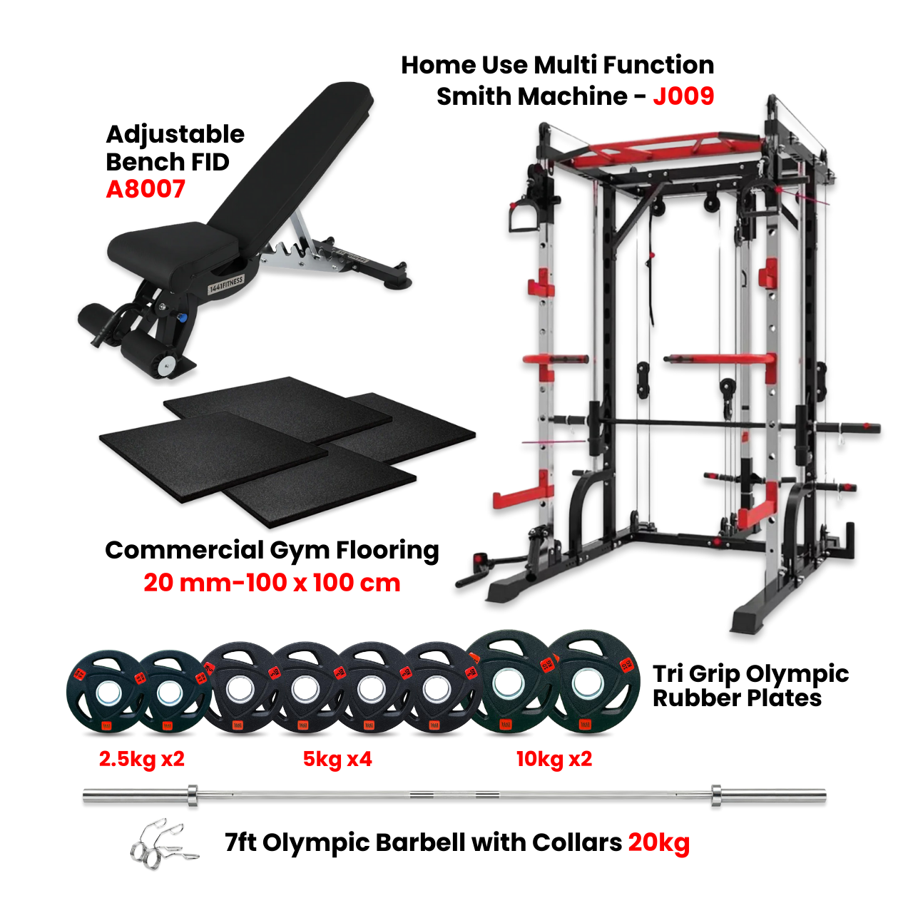 Smith Machine with Functional Trainer J009 with Rubber Flooring + 65 KG Tri Grip + Adjustable Bench A8007