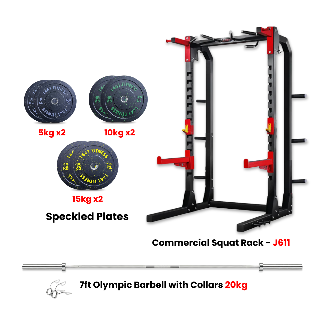 Half Cage Squat Rack J611 with Flooring and 80 kg Speckle Bumper Plates with Adjustable Bench A8007 (Bundle)