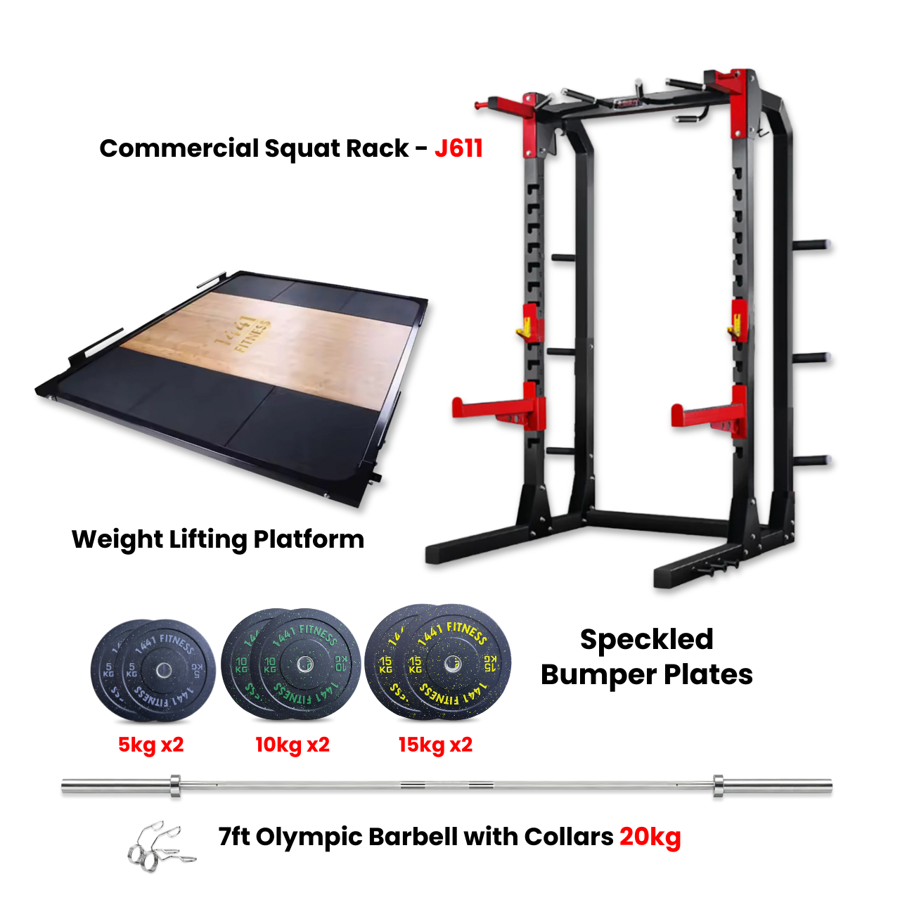 Half Cage Squat Rack J611 with Platform and 80 KG Speckle Bumper Plate Set
