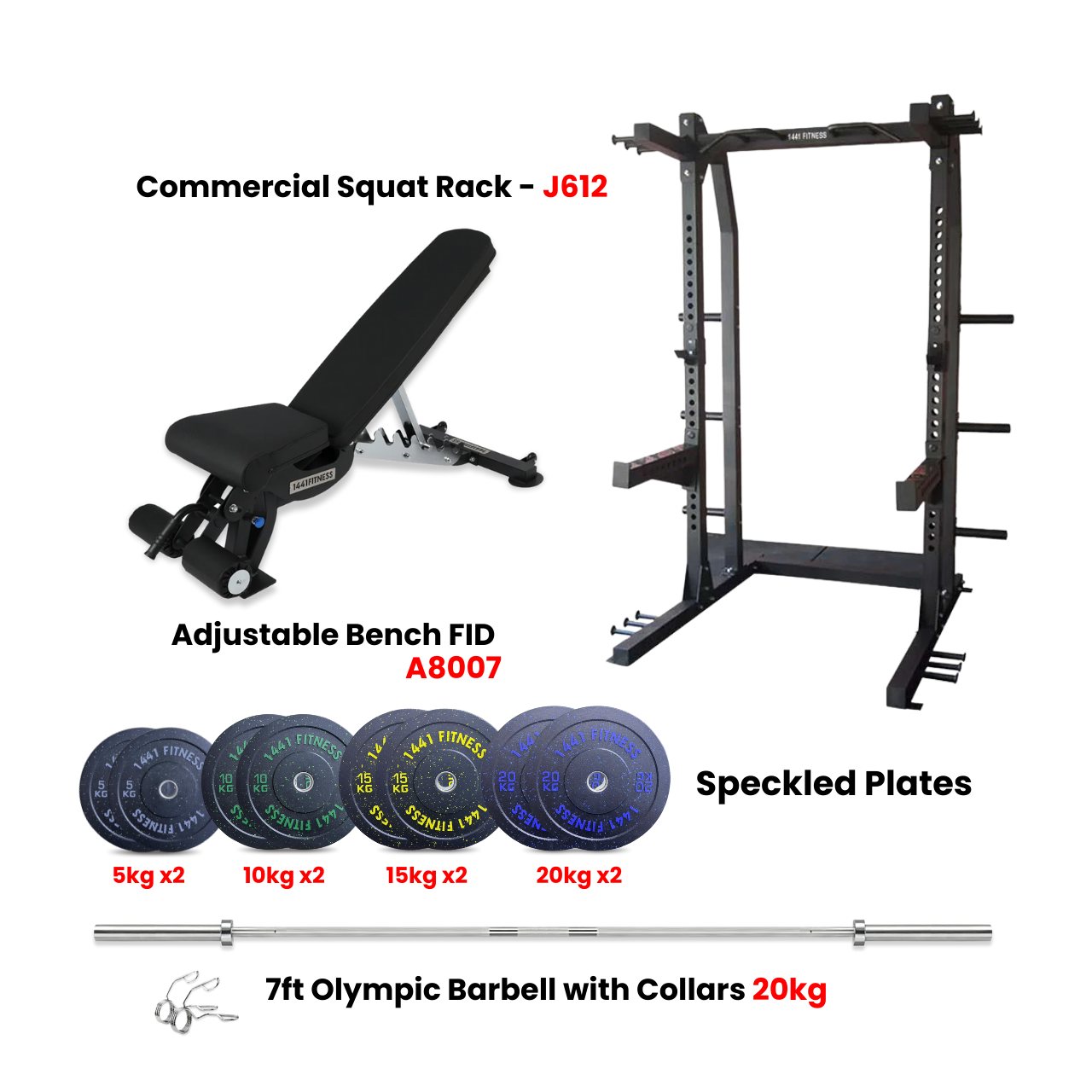 Half Cage Squat Rack J612 with 120 Kg Speckle Bumper Plates and A8007 Bench (Bundle)