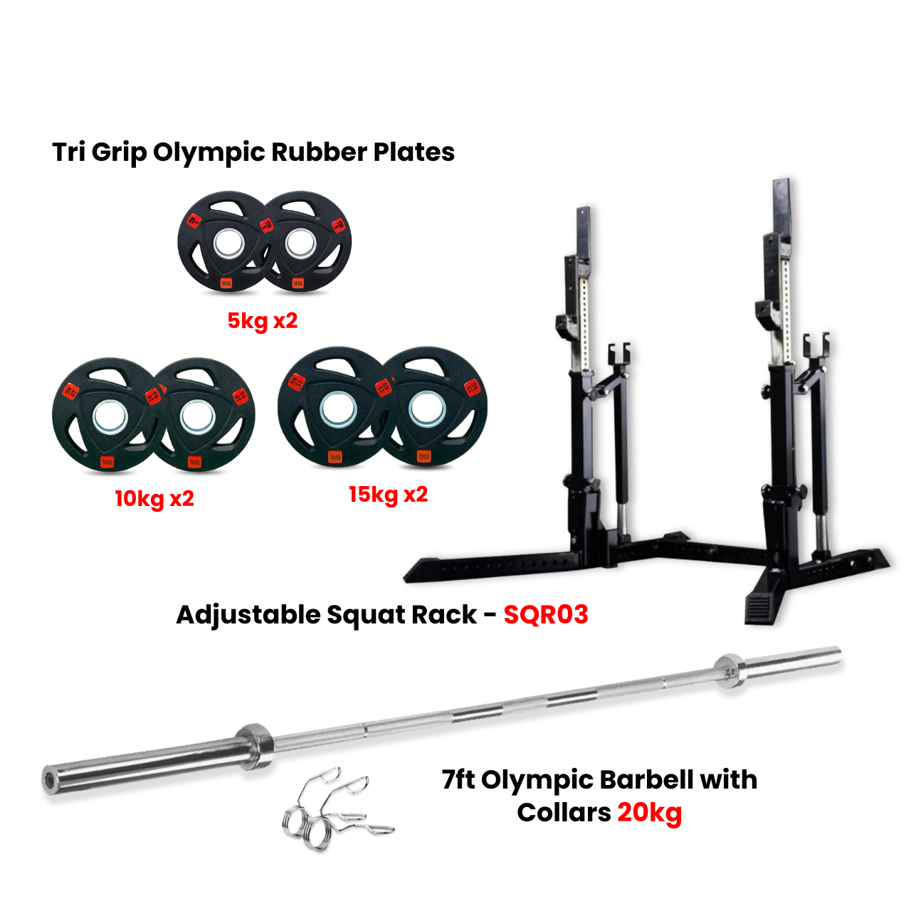 SQR03 Adjustable Squat Rack and Tri Grip Plates with 7 Ft Bar 80 KG Set