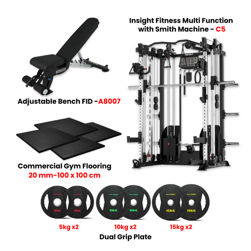 Insight Fitness Multi Function Smith Machine C5 with Rubber Flooring , Dual Grip Plates & A8007 Bench - Bundle Offer