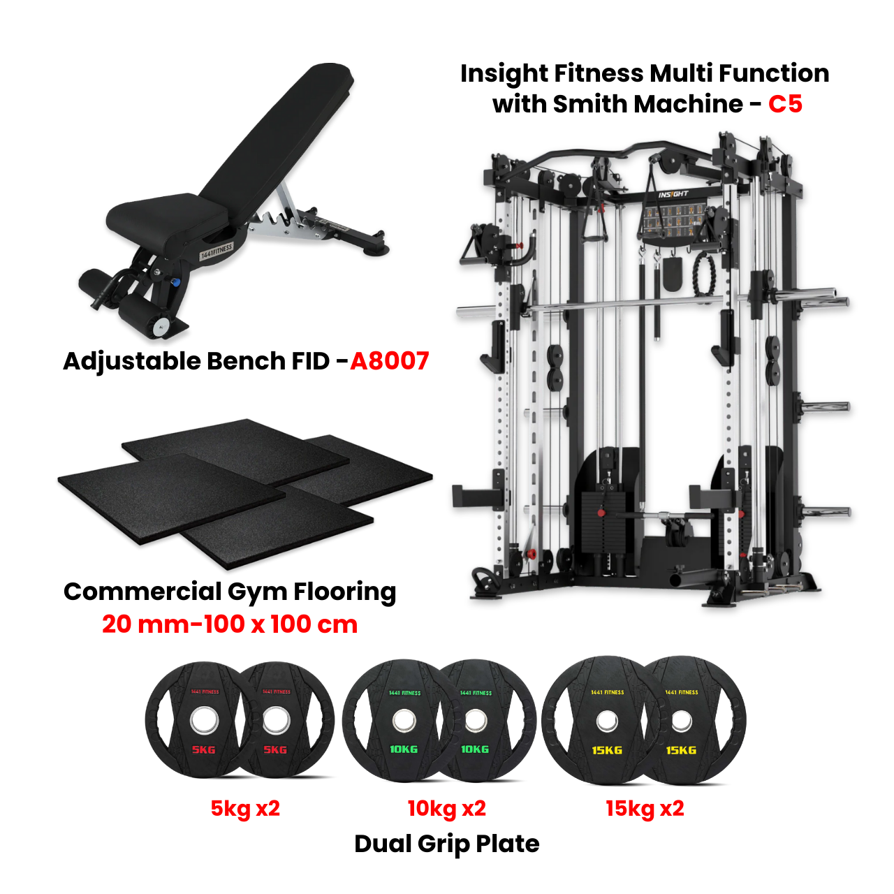 Insight Fitness Multi Function with Smith Machine C5 with Rubber Flooring and Dual Grip Plates with A8007 Bench