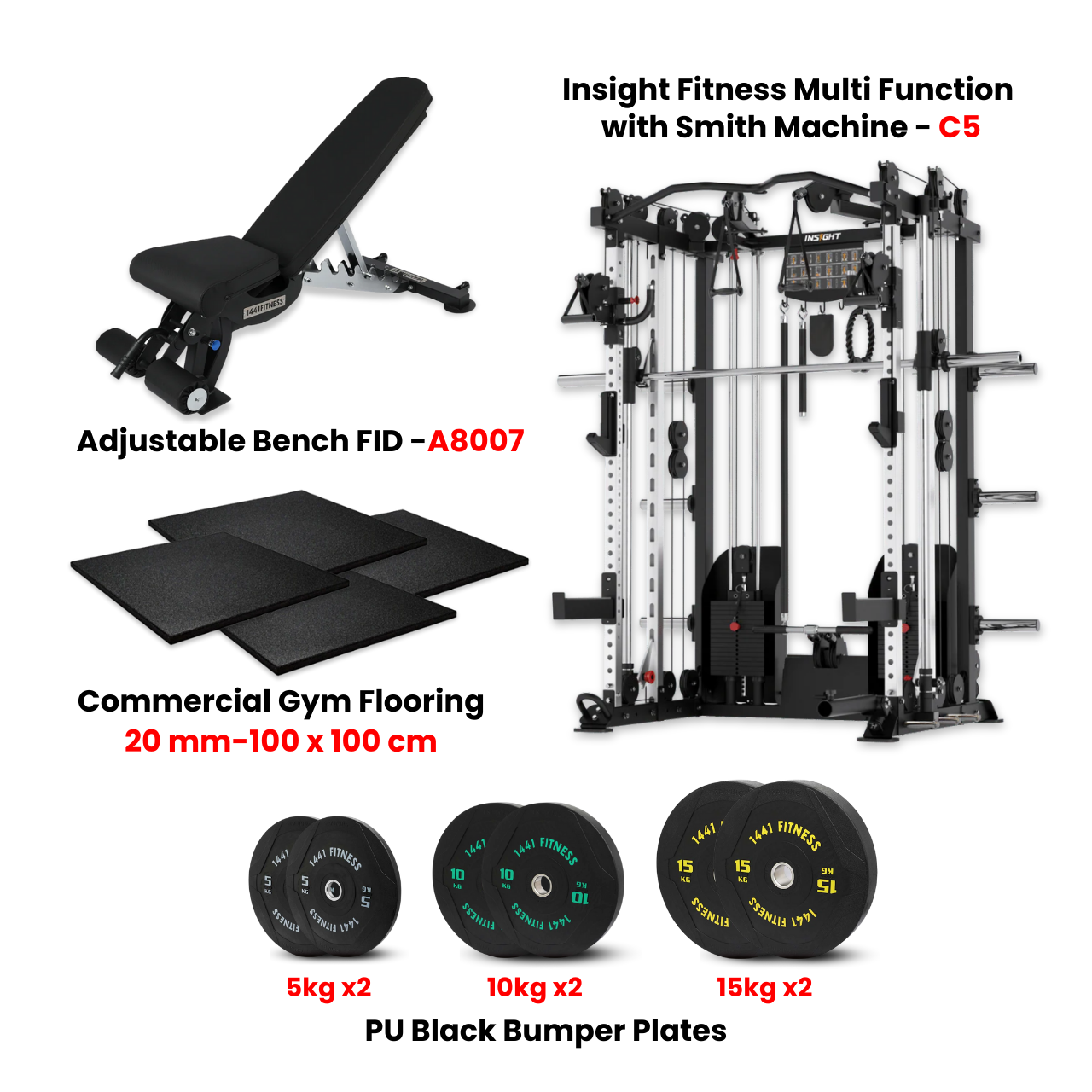 Multi Function with Smith Machine C5 with Rubber Flooring and PU Black Bumper Plates with A8007 Bench